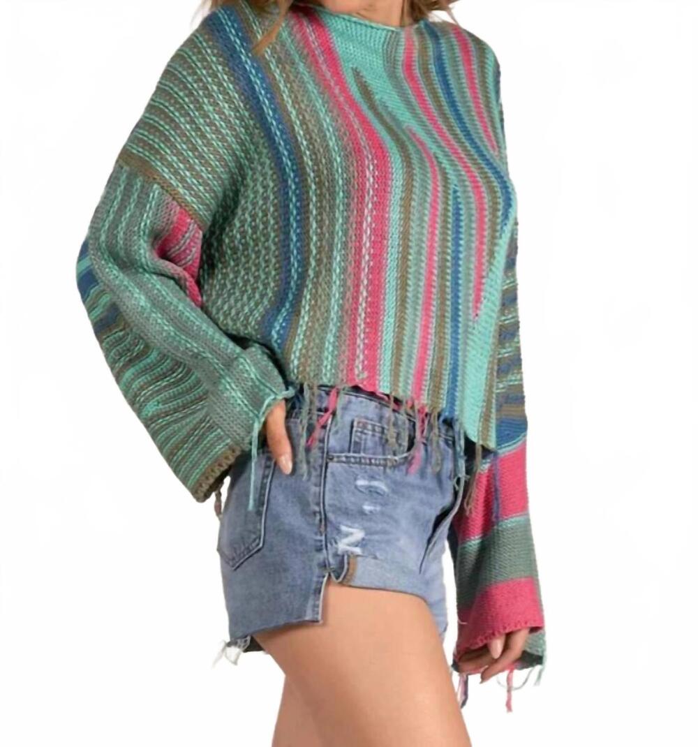 NEW ELAN boho cropped sweater in turquoise multi